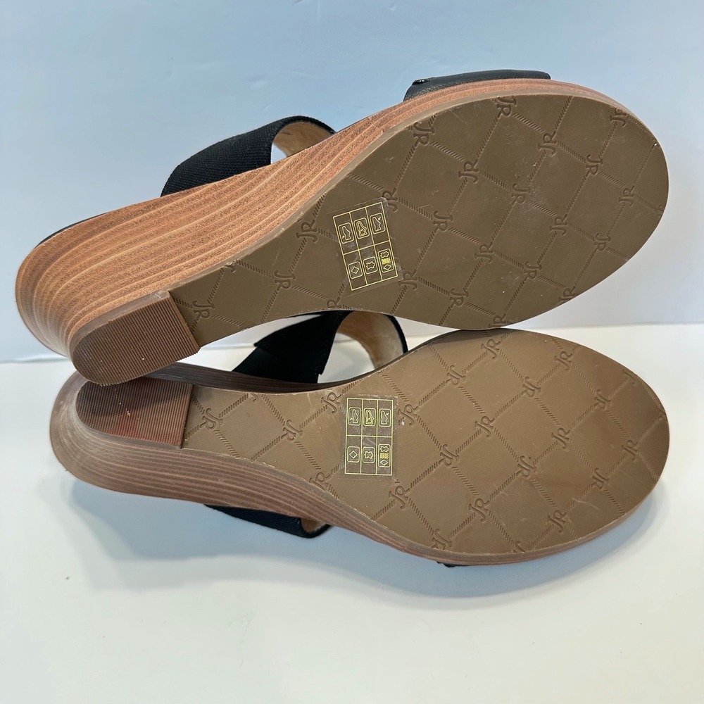 Jack Rogers Black Leather Whipstitch T-Strap Wedge Sandals Womens 7.5M - Picture 8 of 10